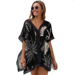 Women's Blouses Black Coconut Tree Print Women's Beach Swimwear Bikini Cover Up V-Neck Wide Loose Bottom Sunscreen Shirt Personalized