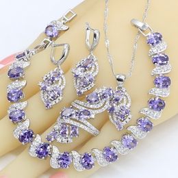 Wedding Jewelry Sets Dubai Jewelry Sets for Women Wedding Purple Amethyst Necklace Pendant Earrings Ring Bracelet Gift Box 230516