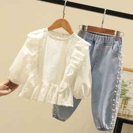 Clothing Sets Girls Fall Casual Set Korean Style Outfit Girls Fashion Lace TopsPearl Jeans Two Piece Sets Kids Party Long Sleeve Cotton Suits 230516