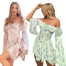 Casual Dresses Womens 2 Piece LaceUp Corsets Sexy Off Shoulder Flared Long Sleeve Vintage Floral Chiffon ALine Flowy Mini 230517