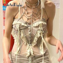 Women's Tanks Camis Cuteandpsycho Ruched Patchwork Mesh Bustiers Milkmaid Sexy Spaghetti Strap Vintage Grunge Clothes Y2K Fairycore Slim Grey Tops 230515