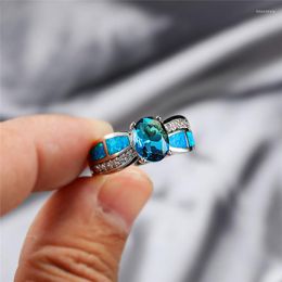 Wedding Rings Boho Female Blue Fire Opal Ring Charm Big Silver Colour Oval Promise Love Engagement For Women