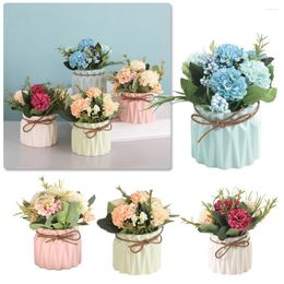 Decorative Flowers Artificial Silk Table Hydrangea Rose Daisy Arrangement W/Vase