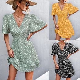 Casual Dresses Women Dot Pattern Dress Vneck Ruffle Sleeve Dress Casual Street Sexy Style Dress Waist Wrap Dress Women Summer Dress 230515