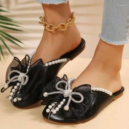 Slippers 2023 Fashion Women's Shoes Closed Toe Summer Bow Sequin Pearls Female Round Flat Zapatos