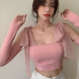 Women's Tanks Camis Sweet Girly Pink Detachable Sleeve Bow Knitted Tank Top Summer Fashion White Cropped Tops 230515