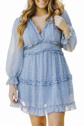 sky Blue Ruffle Detailing Open Back Floral Dress n1fp#