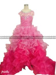 2023 Real Image Hot Pink Flower Girls Dresses For Weddings Jewel Neck Cap Sleeves Crystal Beads Floor Length Tiered Ruffles Bow Birthday Children Girl Pageant Gowns