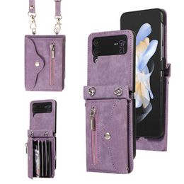 Crossbody Folding Zipper Vogue Phone Case for Samsung Galaxy Z Flip4 5G Durable Adjustable Lanyard RFID Blocking Multiple Card Slots Leather Wallet Bracket Shell