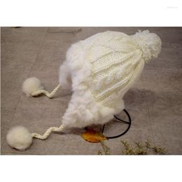 Berets Fur Earmuffs Hats Children Autumn Winter Ushanka Warm Thickened Knitted Real Hair Ball Wool