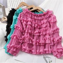 Women's Blouses & Shirts Korean Fashion Autumn 2023 Shoulder Strapless Slash Neck Temperament Soft Chiffon Sweet Pleats Women Blouse Tops