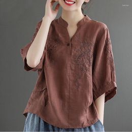 Women's T Shirts Women Vintage Cotton Linen And Tops V Neck Short Sleeve Summer Embroidered Top Retro Zen Hanfu Loose Tee