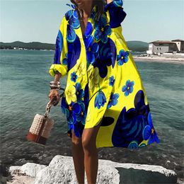 Casual Dresses Womens Casual Wavy stripes Print Beach Holiday Cover Up Coat Womens Shirt Collar Swimsuit Pullover y2k clothing 230515