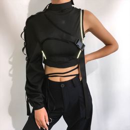 Women's Tanks Cami Sexy One Shoulder Reflective Crop Tops Choker Adjustable Buckle Long Sleeve Cover Up Irregular TShirt Rave Shrugs C63F 230515