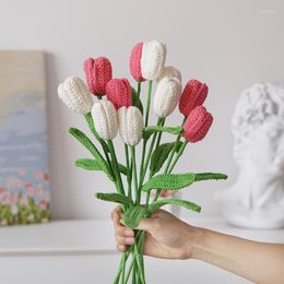 Decorative Flowers Knit Tulips Daisy Bellflower Hand-Knitted Fake Bouquet Homemade Finished Flower Home Decorate Festival Gift