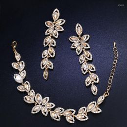 Necklace Earrings Set TREAZY Luxury Champagne Bracelets For Women Crystal Rhinestone Charm Leaves Bridal Engagement Wedding Jewellery Gift