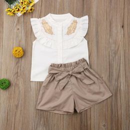 Clothing Sets Baby Girls Clothes Set Fashion Feather Printed T-Shirt Tops Solid Shorts 1-6T Toddler Kids Summer Casual Party Outfits 2023