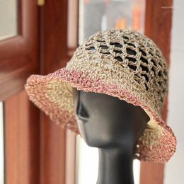 Wide Brim Hats Japanese Summer Outdoor Woven Hollow Straw Hat Fashion Foldable Bucket Vacation Casual Versatile Contrasting Colour Sun Cap