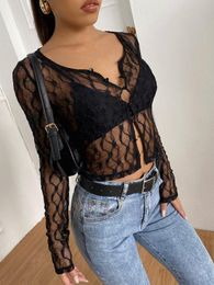 T-shirt Fashon New Women Sexy Lace Tops Adults SeeThrough Long Sleeve Round Neck Button Down Cardigan Black White Hot Sale SXL