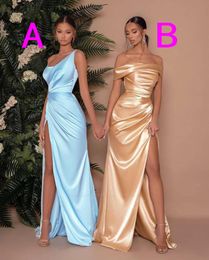 Sexy Champagne Beach Bridesmaid Dresses Off Shoulder Pleats Floor Length High Side Split Formal Gowns Bohemian Boho Maid of Honour Gowns Wedding Guest Dress