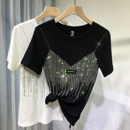 Women's T-Shirt Sexy Tank Top Fake Two Pieces Luxury Diamonds T Shirts for Women Street Fashion Short Sleeve Summer Tees Y2k Top Korean Fashion 230516