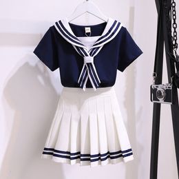 Clothing Sets Girls Pleated Skirt Suits Summer Navy Style Children's Skirt 2 Pcs Sets Teen Girls Elementary School Uniforms Student Clothes 230516