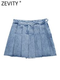 Skirts Zevity Women Fashion Wide Pleated Denim Mini Skirt Faldas Mujer Female Chic Side Button Zipper Fly Summer Vestidos QUN3726 230516