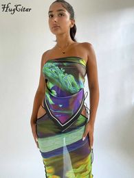 RUKAS Women Fashion Mesh Strapless Print Bandage Sexy Crop Tube Top Maxi Skirt 2 Pcs Sets 2023 Summer Beach Vacation Outfit