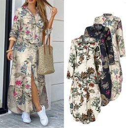 Casual Dresses Women's Floral Print Vintage Cotton Linen Long Dress Summer Buttons Down Beach Sundress Elegant Shirt