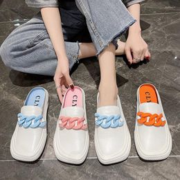 Slippers Summer PU Leather Mules Women Square Toe Rubber Chain Flat Shoes Woman Comfortable Soft Sole Casual Slides 2023