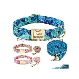 Dog Collars Leashes Personalised Floral Collar And Leash Set Custom Small Medium Large Pet Id Lead Flower Print Engraved X0703 Dro Dhokw