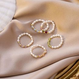 Wedding Rings KPOP Cute Multi Beaded Imitation Pearl Colourful Crystal Adjustable Rope Chain For Women Continuous Circle Minimalist Ring