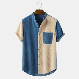 Men's Casual Shirts Men's Corduroy Short Sleeve Shirt Street Casual Colorblock Cardigan Button Stand Collar Pocket Striped Shirt Summer 230516