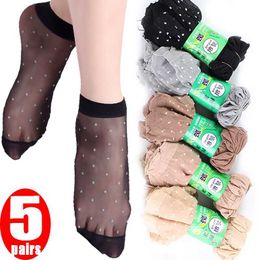 Socks Hosiery 5 Pairs Ultra-thin Silk Socks Women Sexy Ankle Socks Summer Translucent Crystal Invisible Socks Girls Charm Point Wave Socks P230516