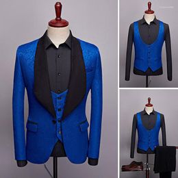 Men's Suits Floral 3 Piece Wedding Tuxedo For Groom With Black Collar Men's Business Jacquard Blazers Male Fashion Costume