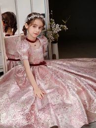Arabic Princess Flower Girl Dresses for Wedding Ball Gown seuinqed 3D Floral Lace Girl Communion Dress Prom Pageant Gown Tulle sequined pink Pageant Dresses