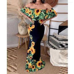 Casual Dresses Wepbel Summer Sunflower Dress Slash Collar Sheath Women Bodycon Off Shoulder Ruffled High Waist Ruffle Hem Mermaid