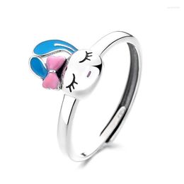 Cluster Rings 758J ZFSILVER Silver 925 Fashion Adjustable Luxury Retro Cute Long Ear Pink Bowknot Ring Girl Women Wedding Party