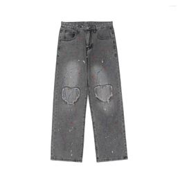 Men's Jeans High Street Love Embroidery Splash Ink Men's Washed Old Loose Straight-leg Pants Trendy Brand Y2K Casual Baggy