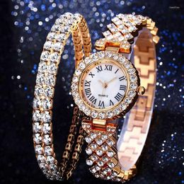 Armbanduhren 2PCS Damen Diamant römische Skala Stahlband Quarzuhr Armband Armband Luxus elegante Frauen