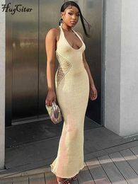 RUKAS Knitted Halter Sleeveless Backless Solid Cut Out Bandage Sexy Slim Maxi Dress Summer Elegant Y2K Outfit Vacation Party