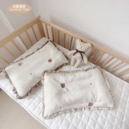 Pillows Yuan Frost Baby Embroidery Bear Lace pillow thickened Flannel Lamb Kindergarten 1-3-6 Cleaning pillow 230516