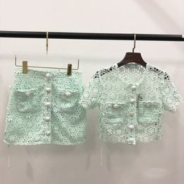 Two Piece Dress S-elf- Portrait Mint Green Hook Cut Out Flower Lace Top Shirt Half Skirt Set
