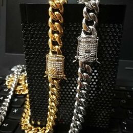 Mens Women Miami Cuban Link Chains Necklace Stainless Steel Casting Double Safety Clasps Cubic Zirconia Hip Hop Punk Jewelry 10mm 61cm 76cm