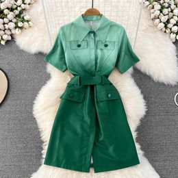 Summer Premium Light Luxury Temperament Dress Polo Neck Short Sleeve Waist Single breasted Gradient Colour Small A-line Dress