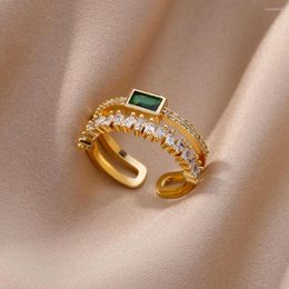 Wedding Rings Fashion Cubic Zircon Double Student Opening For Woman Gold Color Stainless Steel Green Crystal Finger Ring Jewelry Gift