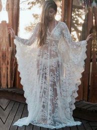 Dress Sexy Transparent VBack Long Loose Beach Dress Plus Size Women Summer Beachwear Batwing Sleeve Maxi Dress robe de plage Q673