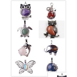 Pendant Necklaces 12 Pcs Assorted Antique Sier Mixed Style Charms Gemstone Pendants Turtle Owl Peacock Animals Shape Healing Chakra Dhnkj