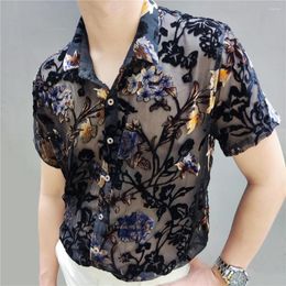 Men's Casual Shirts Summer Transparent Color Floral Shirt Masculine Soft Velvet Slim-fit Men Clothing Nightclub Short-sleeved Sexy See