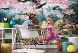 Wallpapers CJSIR Wallpaper Custom Living Room Bedroom Dreamy Cute Cartoon Pink Flower Tree Princess White Horse Background Decor